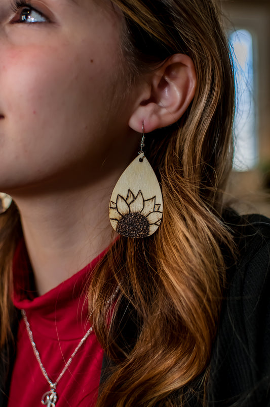sunflower tear drop style wooden earrings My Store