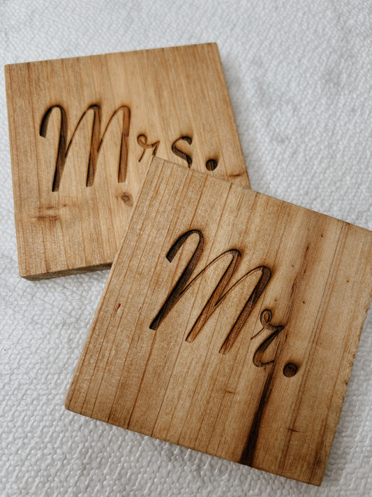 Mr & Mrs coasters Blazing Wood Creations