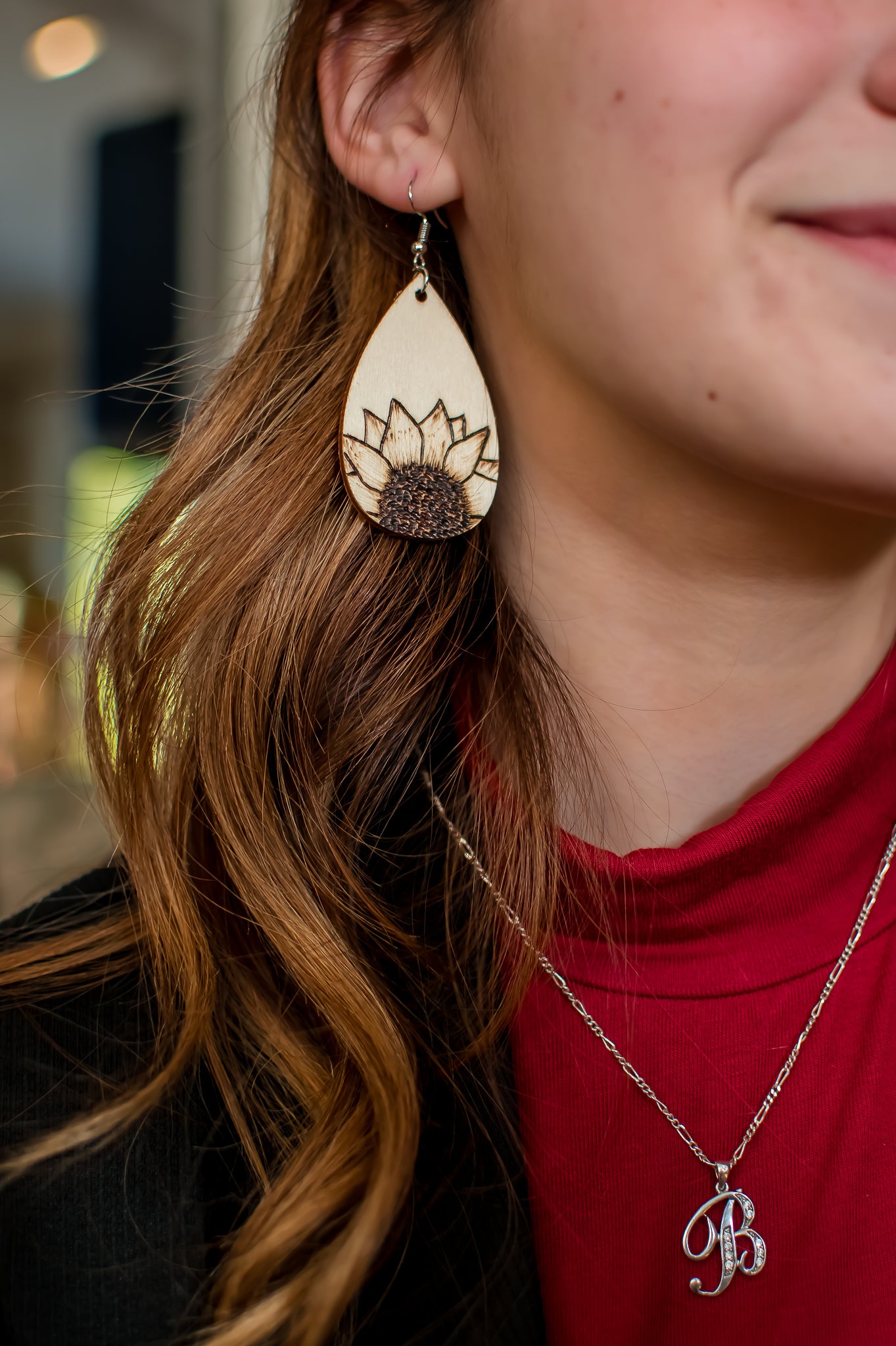 sunflower tear drop style wooden earrings My Store