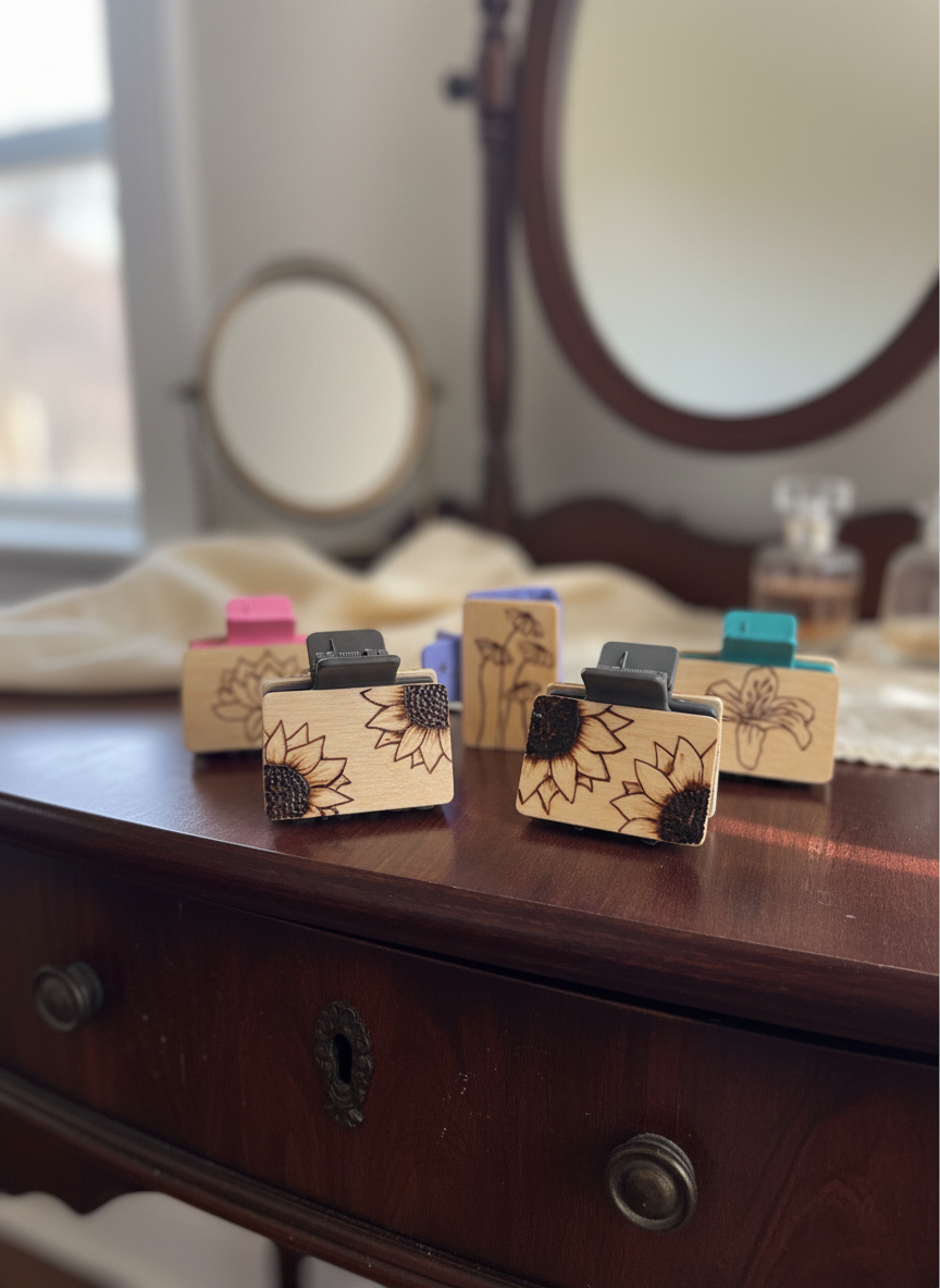 Floral wooden hair clips My Store